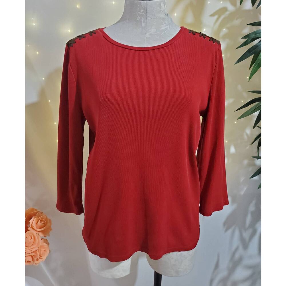 Lauren Ralph Lauren Micro Ribbed 3/4 Sleeve Top Womens Size XL Faux Leather